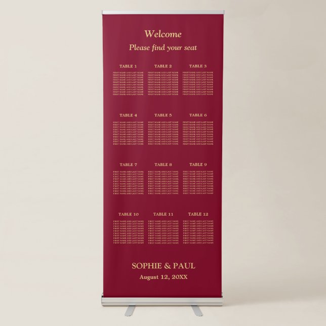 Burgundy Gold 12 Table Seating Chart Retractable Banner (Front)