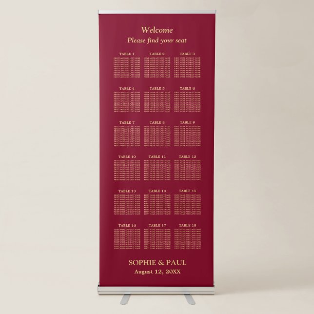 Burgundy Gold 18 Table Seating Chart Retractable Banner (Front)