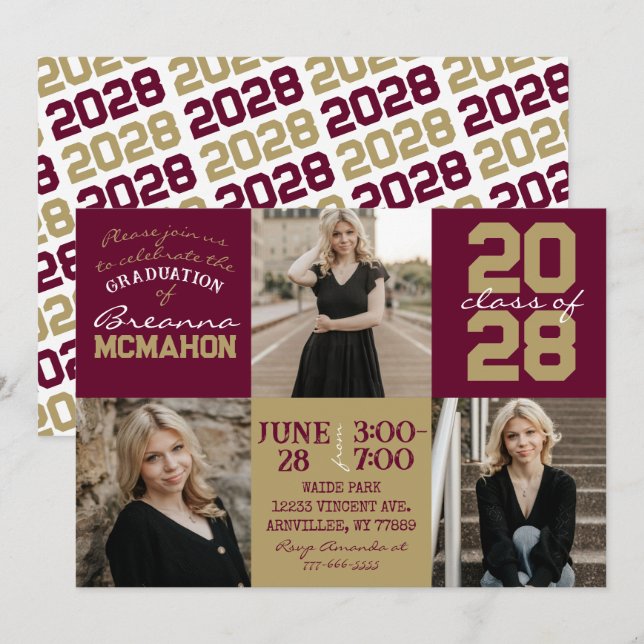Burgundy & Gold 3 Photo Graduation Invitation (Front/Back)