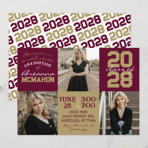 Burgundy & Gold 3 Photo Graduation Invitation