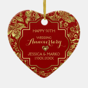 Burgundy & Gold 50th Wedding Anniversary Ceramic Tree Decoration