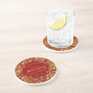Burgundy & Gold 50th Wedding Anniversary Coaster
