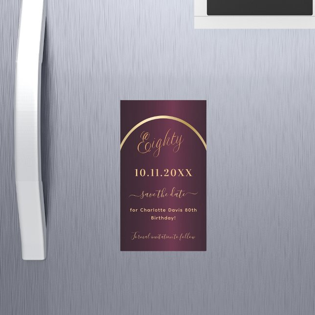 Burgundy gold 80th birthday Save the Date magnet (Creator Uploaded)