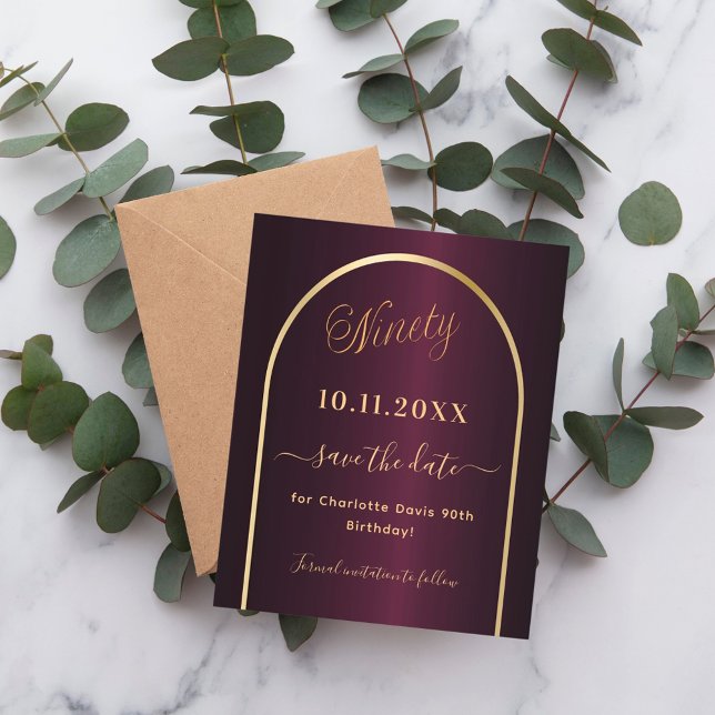 Burgundy gold 90th birthday save the date card (Creator Uploaded)