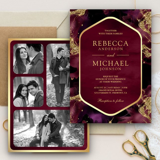 Burgundy Gold Abstract Fluid Ink Photo Wedding Invitation (Creator Uploaded)