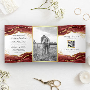 Burgundy Gold Abstract Ink QR Code Wedding Tri-Fold Invitation