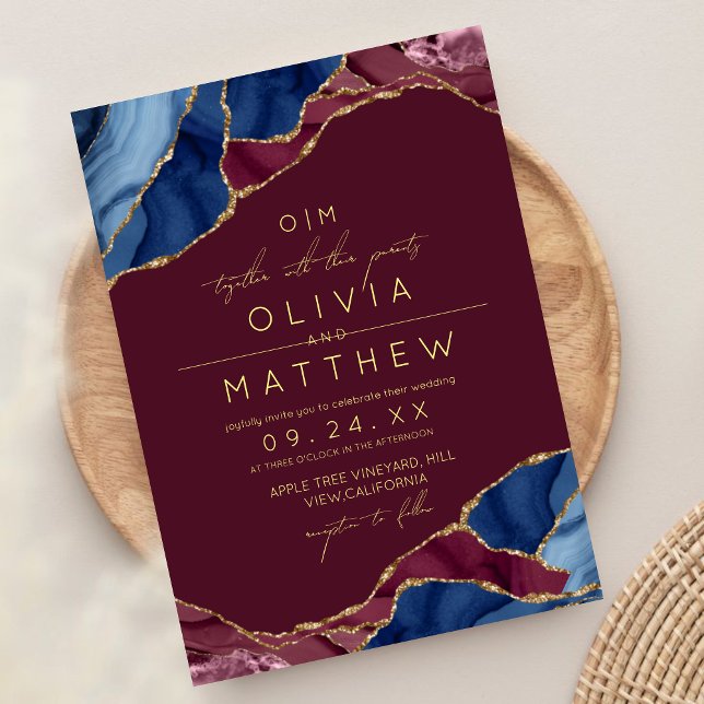 Burgundy & Gold Agat Wedding Photo Invitation  (Creator Uploaded)