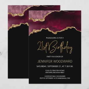 Burgundy Gold Agate 21st Birthday Party Invitation
