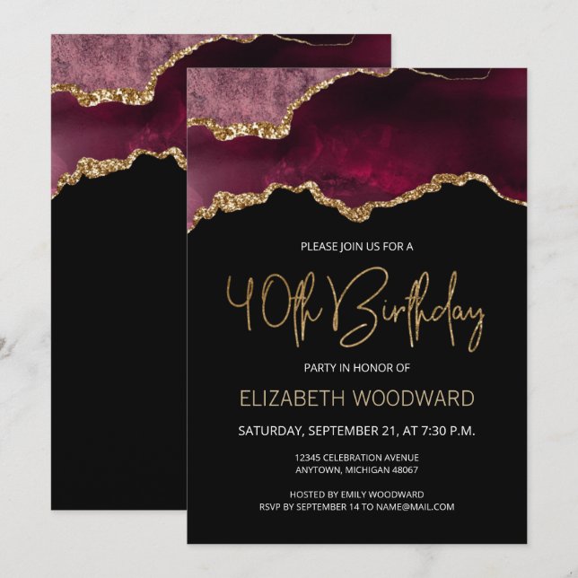 Burgundy Gold Agate 40th Birthday Party Invitation (Front/Back)