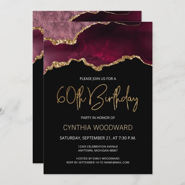 Burgundy Gold Agate 60th Birthday Invitation (Front/Back)