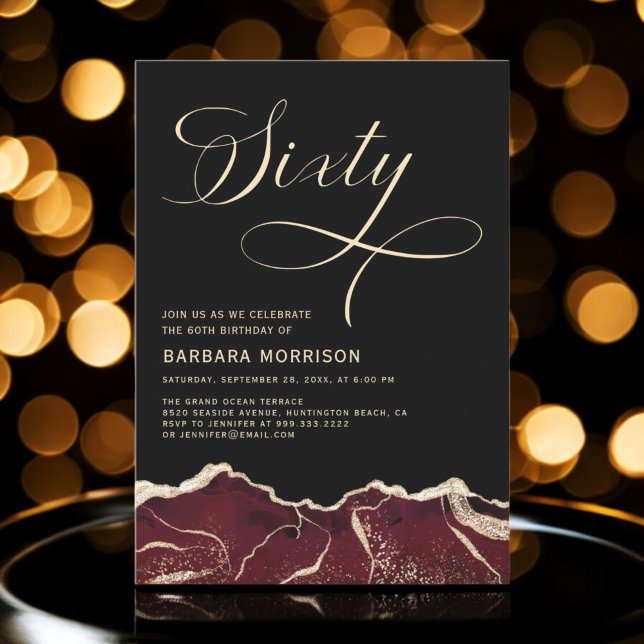 Burgundy Gold Agate 60th Sixty Birthday Party Invitation (Creator Uploaded)