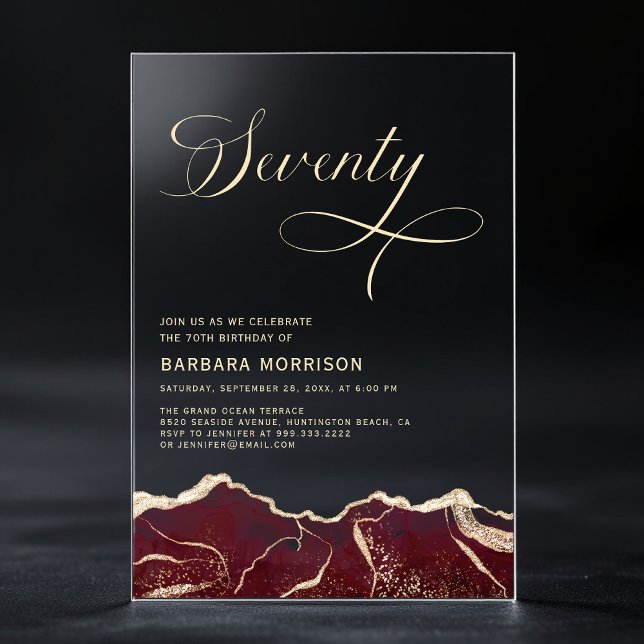 Burgundy Gold Agate 70th Seventy Birthday Party Acrylic Invitations (Creator Uploaded)