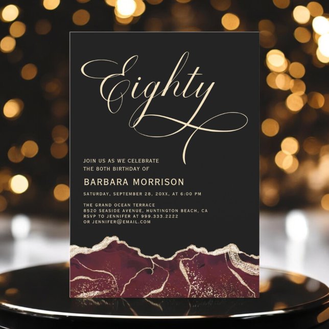 Burgundy Gold Agate 80th Eighty Birthday Party Invitation (Creator Uploaded)