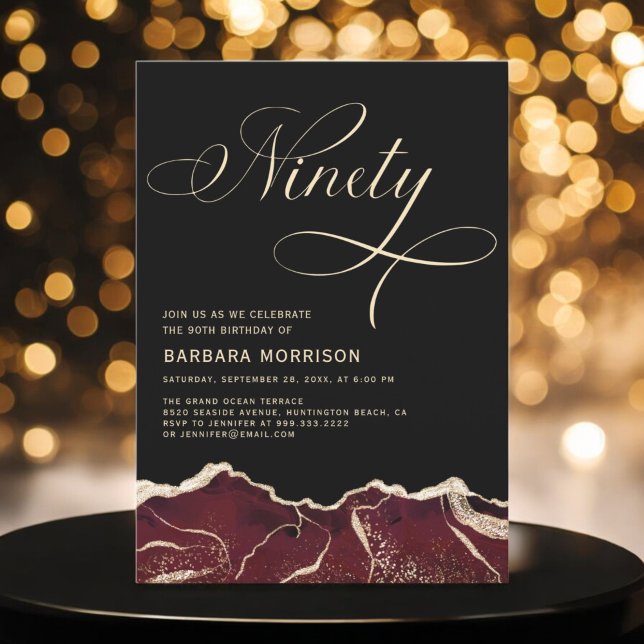 Burgundy Gold Agate 90th Ninety Birthday Party Invitation (Creator Uploaded)
