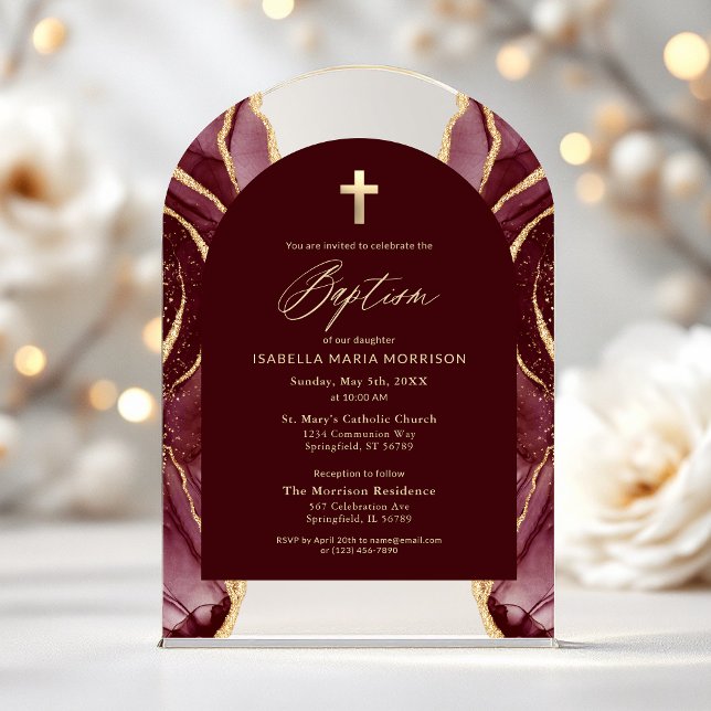 Burgundy Gold Agate Baptism Modern Elegant Acrylic Invitations (Creator Uploaded)