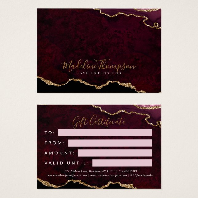 Burgundy Gold Agate Business Gift Certificate (Front & Back)