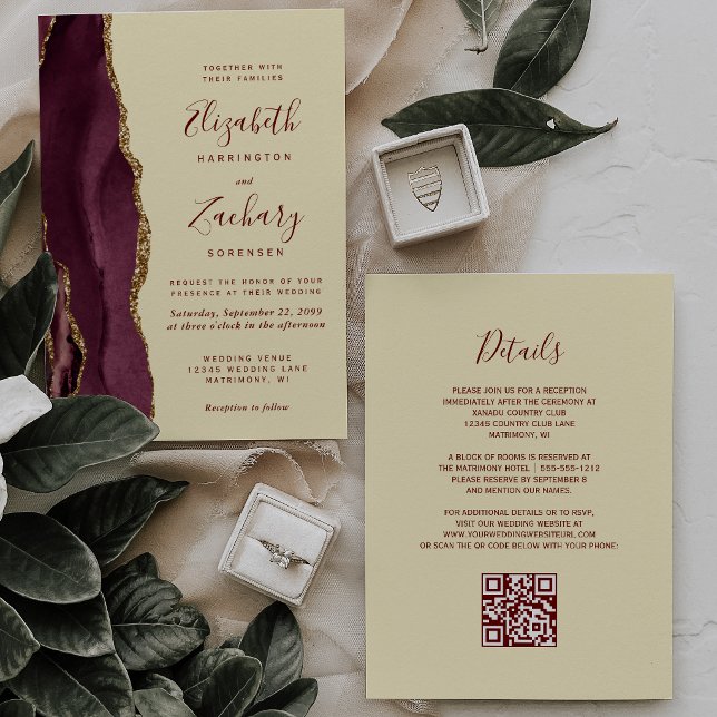 Burgundy Gold Agate Butter Yellow QR Code Wedding Invitation (Creator Uploaded)