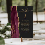 Burgundy Gold Agate Dark Wedding Table Number<br><div class="desc">The left-hand edge of this elegant modern wedding table number card features a burgundy red watercolor agate border trimmed with faux gold glitter. The word "table" appears in gold-coloured handwriting script on an off-black background. Add the names of your guests who are assigned to each table.</div>