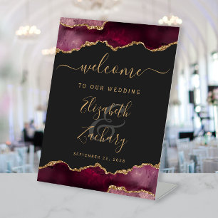 Burgundy Gold Agate Dark Wedding Welcome Pedestal Sign
