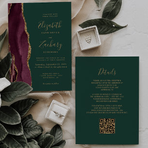 Burgundy Gold Agate Emerald Green QR Code Wedding Invitation