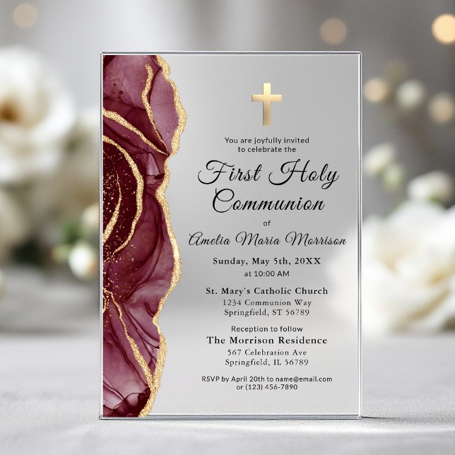 Burgundy Gold Agate First Holy Communion Girl Acrylic Invitations (Creator Uploaded)