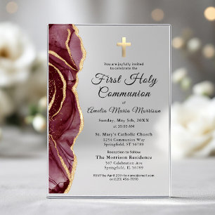 Burgundy Gold Agate First Holy Communion Girl Acrylic Invitations