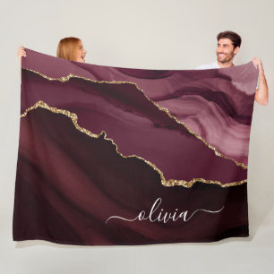 Burgundy Gold Agate Geode Gold Monogram Fleece Blanket