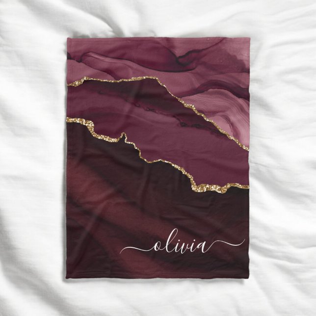 Burgundy Gold Agate Geode Gold Monogram Fleece Blanket (Creator Uploaded)