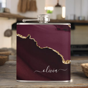 Burgundy Gold Agate Geode Gold Monogram Hip Flask