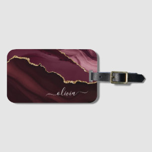 Burgundy Gold Agate Geode Gold Monogram Luggage Tag