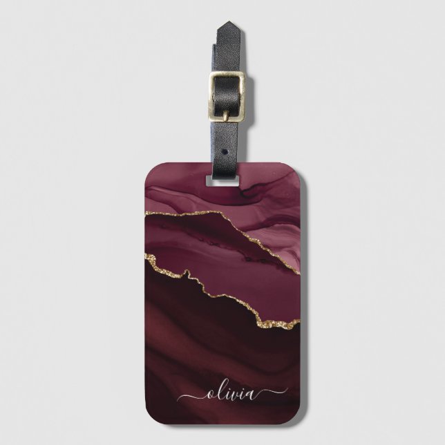 Burgundy Gold Agate Geode Gold Monogram Luggage Tag (Front Vertical)