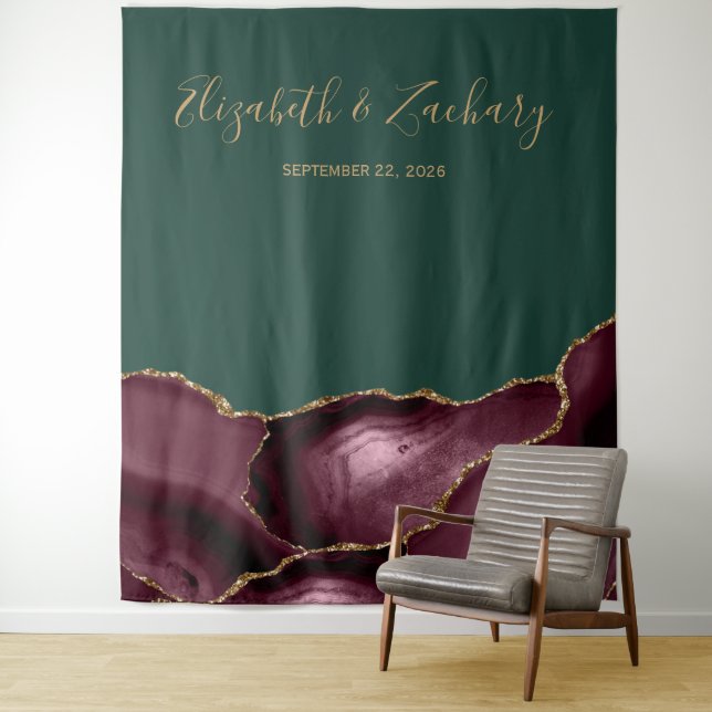 Burgundy Gold Agate Green Wedding Photo Booth Tapestry (In Situ)