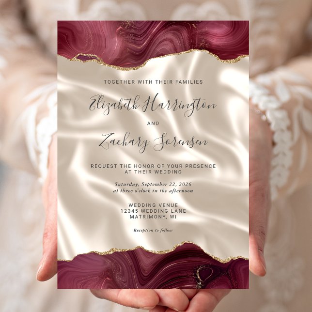 Burgundy Gold Agate Ivory Silk Wedding Invitation (Creator Uploaded)