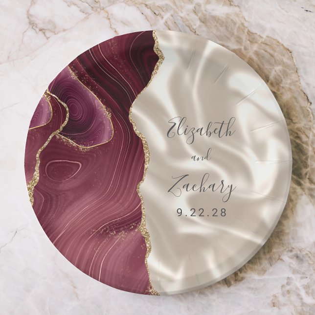 Burgundy Gold Agate Ivory Silk Wedding Paper Plate (Creator Uploaded)