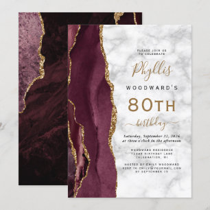 Burgundy Gold Agate Marble 80th Birthday Party Invitation