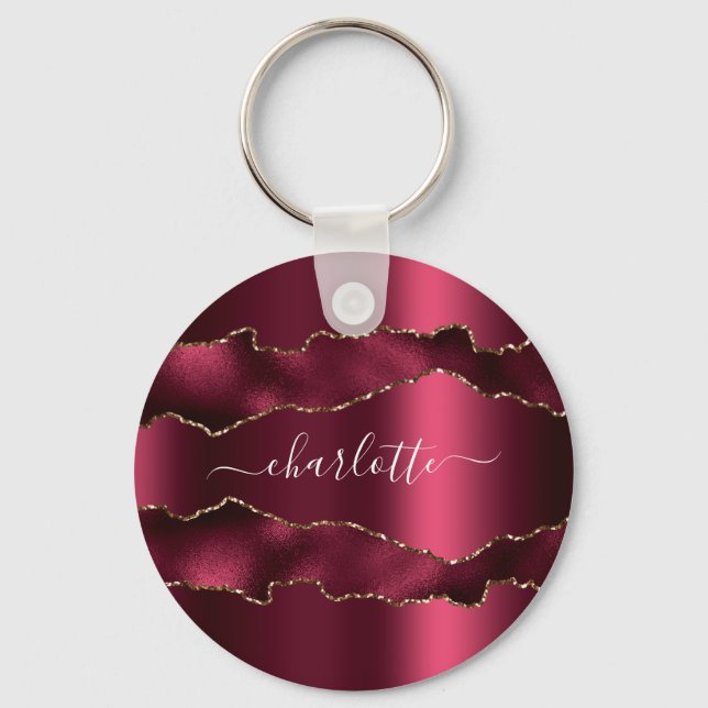 Burgundy gold agate marble name script  key ring (Front)