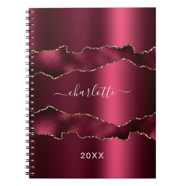 Burgundy gold agate marble name script notebook (Front)