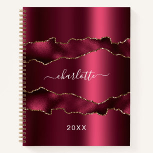 Burgundy gold agate marble name script notebook