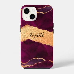 Burgundy gold agate marble rose gold name iPhone 14 case