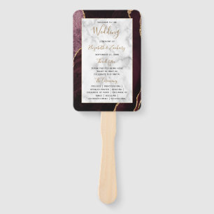 Burgundy Gold Agate Marble Wedding Program Hand Fan