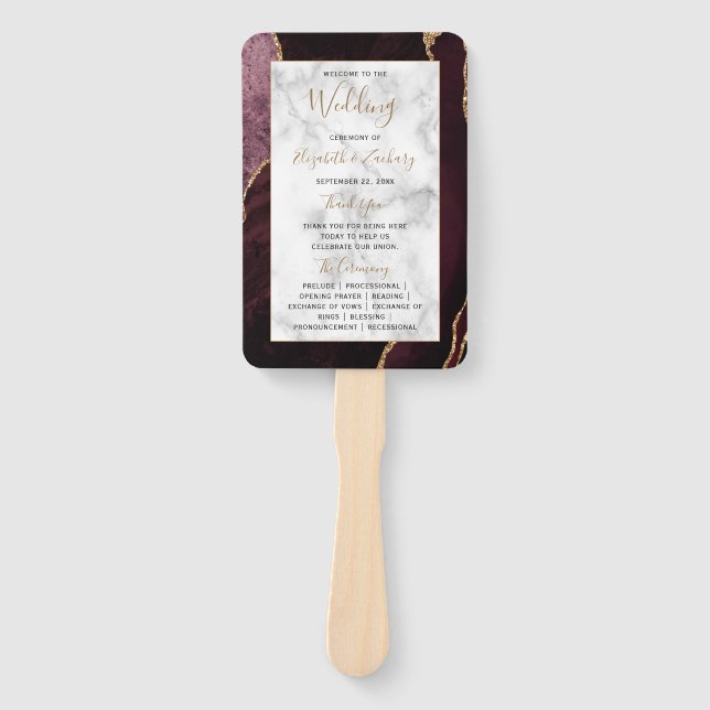 Burgundy Gold Agate Marble Wedding Program Hand Fan (Front)