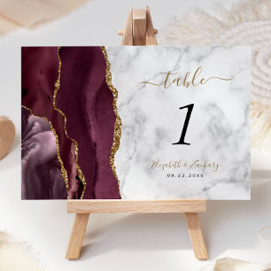 Burgundy Gold Agate Marble Wedding Table Number
