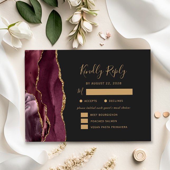 Burgundy Gold Agate Meal Options Dark Wedding RSVP Card (Creator Uploaded)