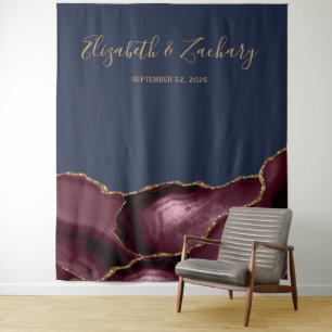 Burgundy Gold Agate Navy Blue Wedding Photo Booth Tapestry