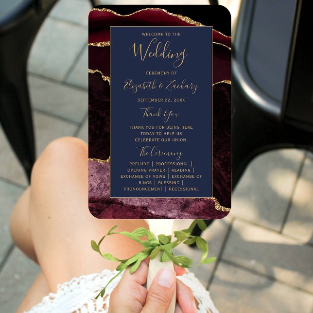 Burgundy Gold Agate Navy Blue Wedding Program  Hand Fan (Creator Uploaded)