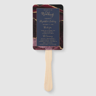 Burgundy Gold Agate Navy Blue Wedding Program Hand Fan