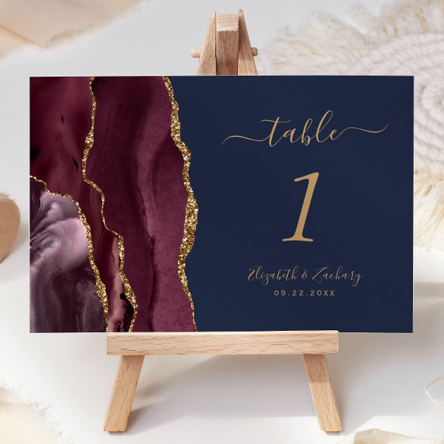 Burgundy Gold Agate Navy Blue Wedding Table Number (Creator Uploaded)