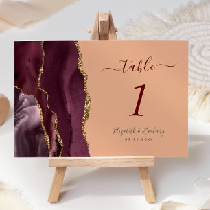 Burgundy Gold Agate Peach Wedding Table Number