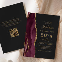 Burgundy Gold Agate QR Code 50th Birthday