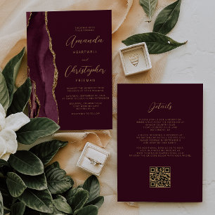 Burgundy Gold Agate QR Code Wedding Invitation